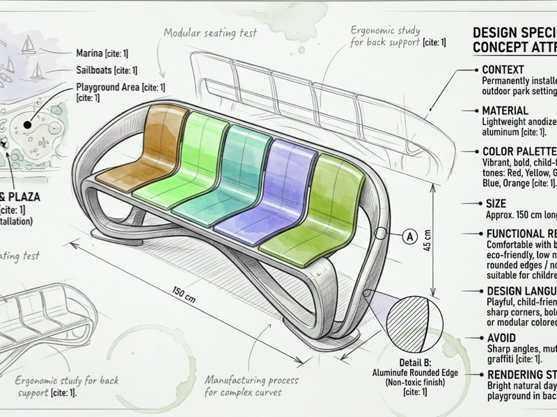 Concept drawing of futuristic looking outdoor park bench